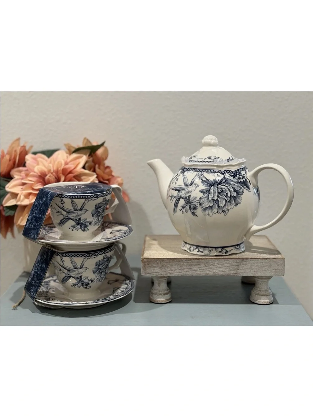 222 Fifth Adelaide Blue Floral Bird Porcelain Tea Pot 7